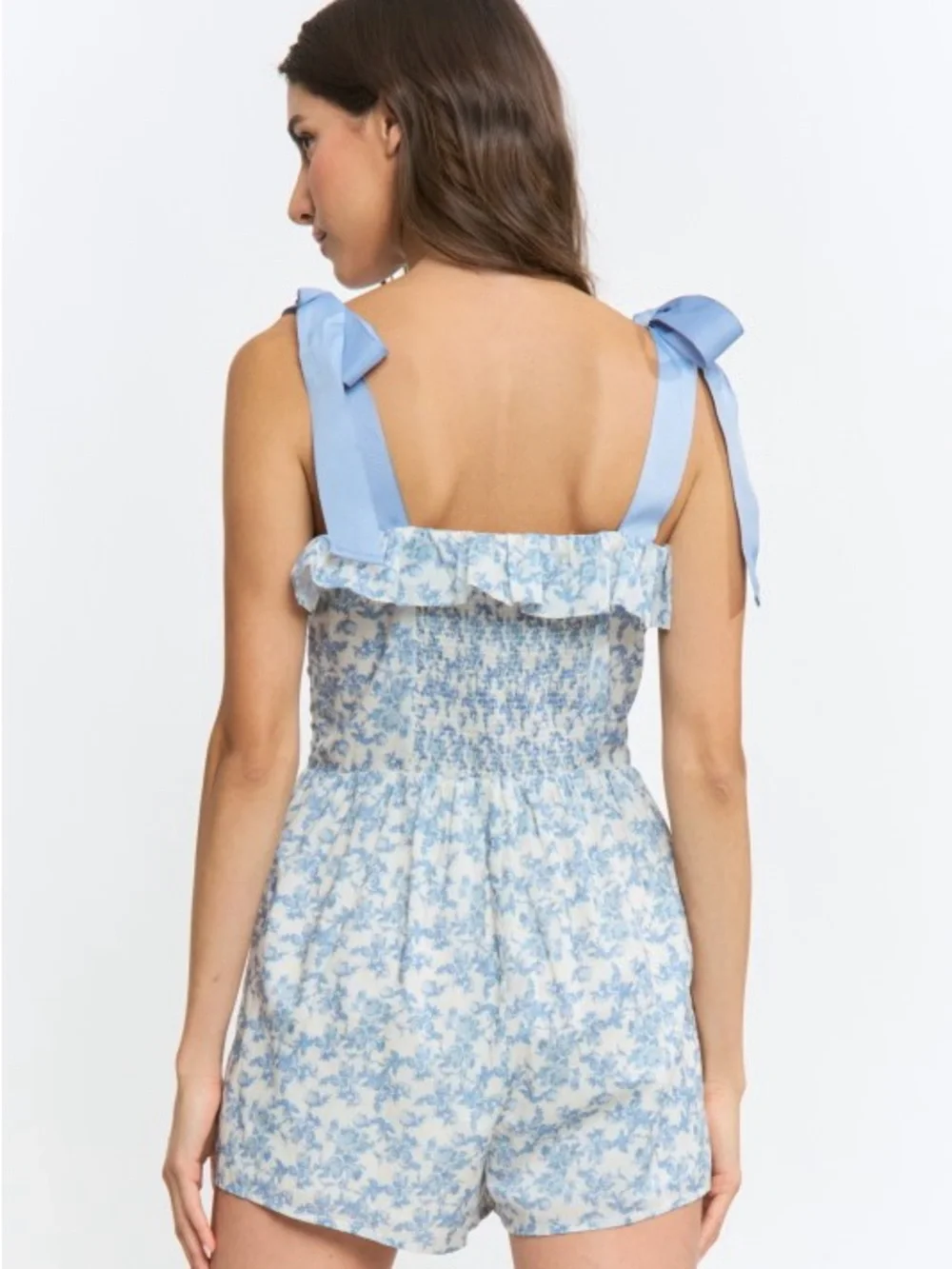 Camellia Boutique Blue Floral Tie-Shoulder Romper
